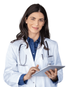 Female doctor holding tablet device