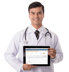 Asian doctor holding tablet showing software platform