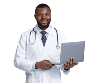 Black doctor holding laptop
